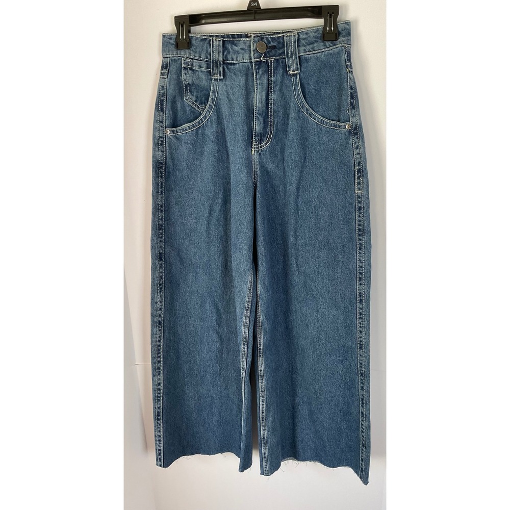 Alab Wide Leg Skater Jeans Medium Wash Raw Hem Blue Size 0 25  High Rise Y2K